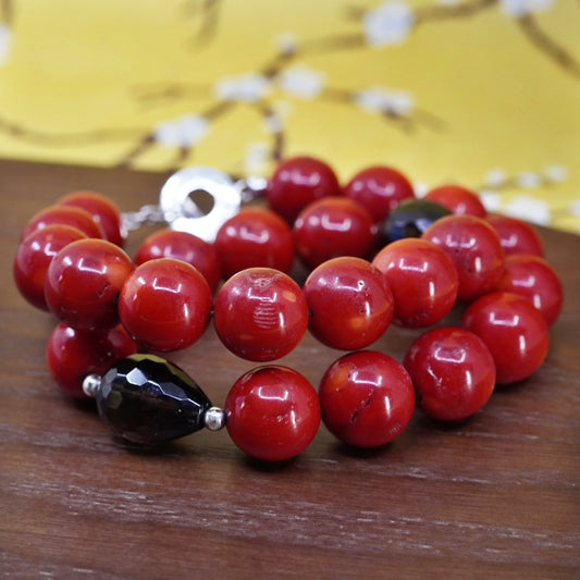 18”, huge coral beads necklace with smoky quartz and sterling 925 silver