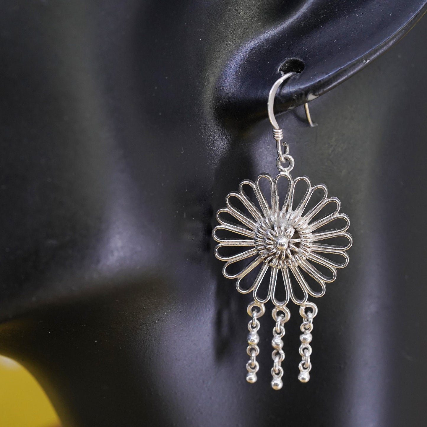 Vintage Sterling silver handmade earrings, 925 Filigree flower drops