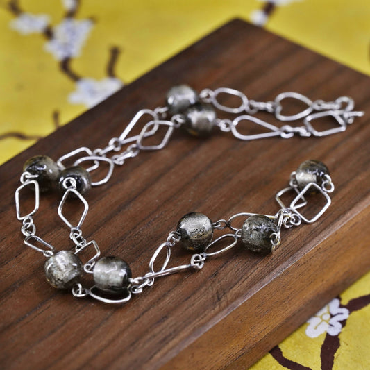 16", vintage sterling silver handmade necklace, 925 link chain with gray glass