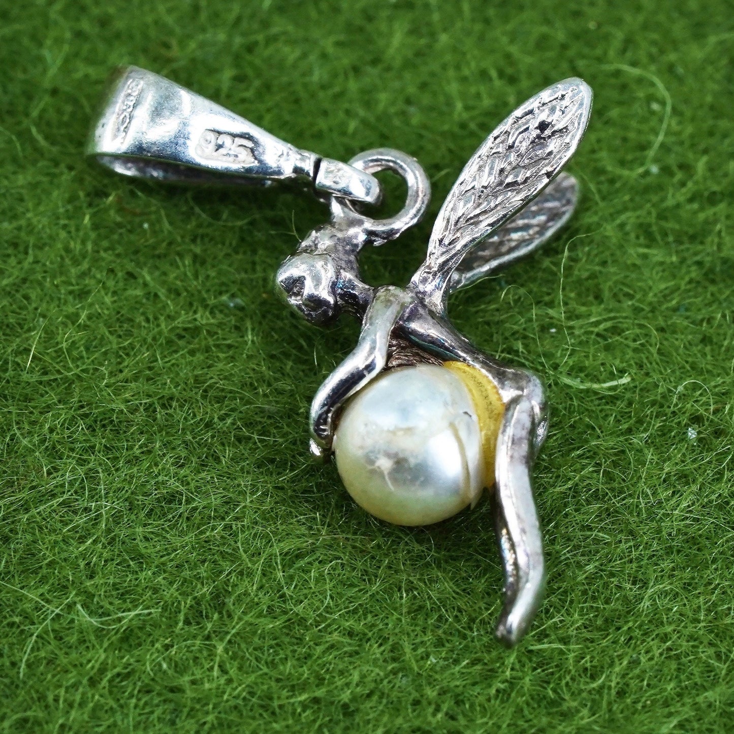 Vintage sterling silver handmade pendant, 925 fairy charm with pearl