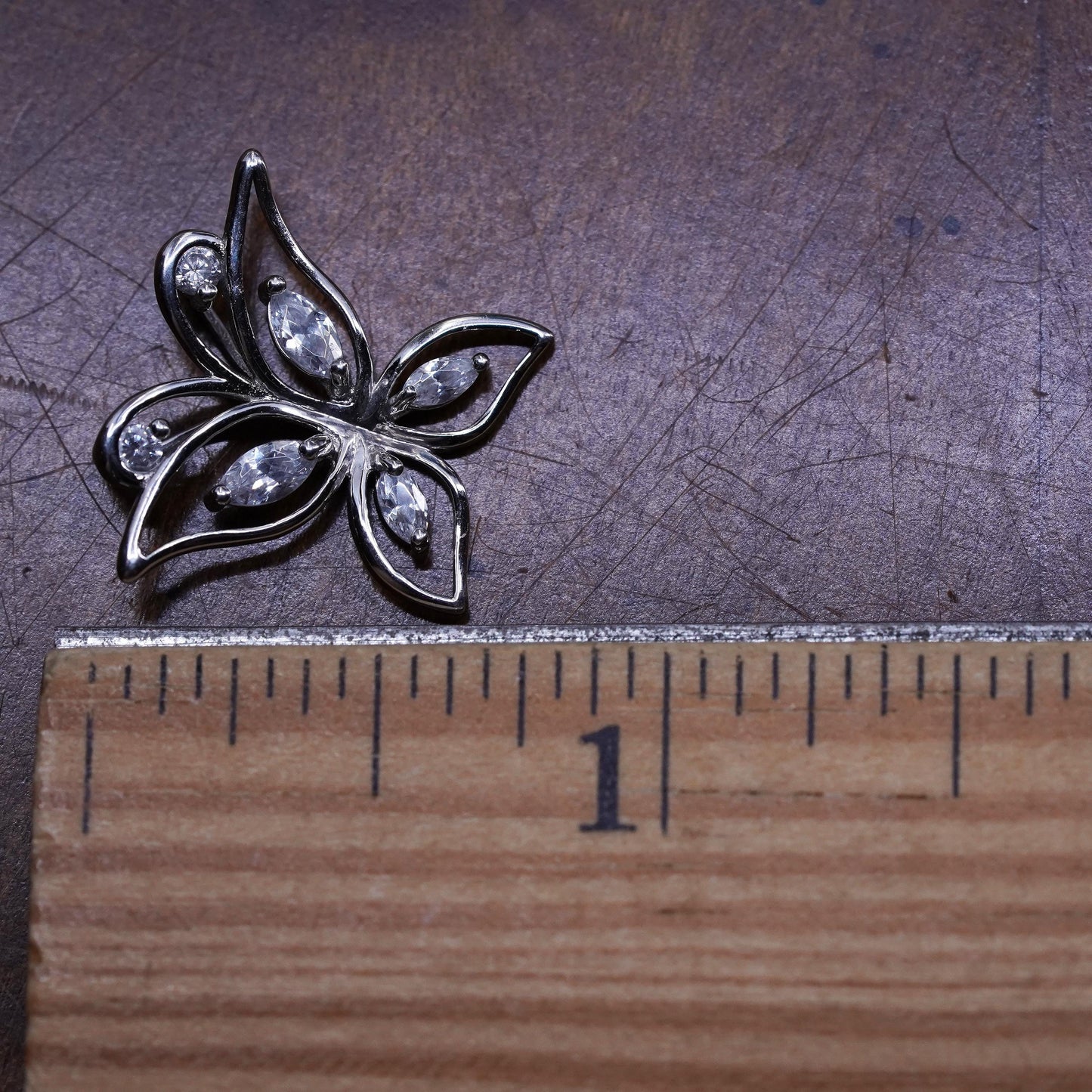 Vintage Sterling 925 silver handmade butterfly pendant, with cluster cz