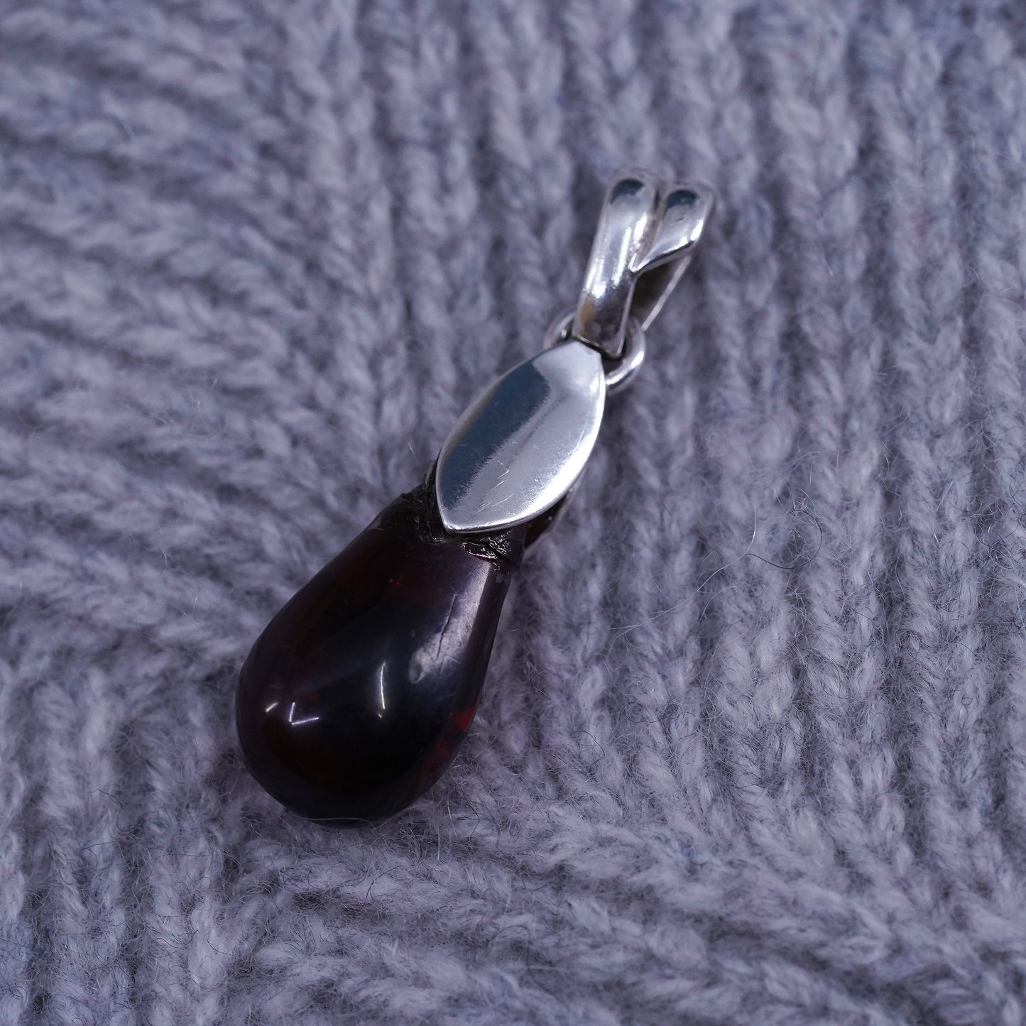 Vintage Sterling silver handmade teardrop pendant with amber