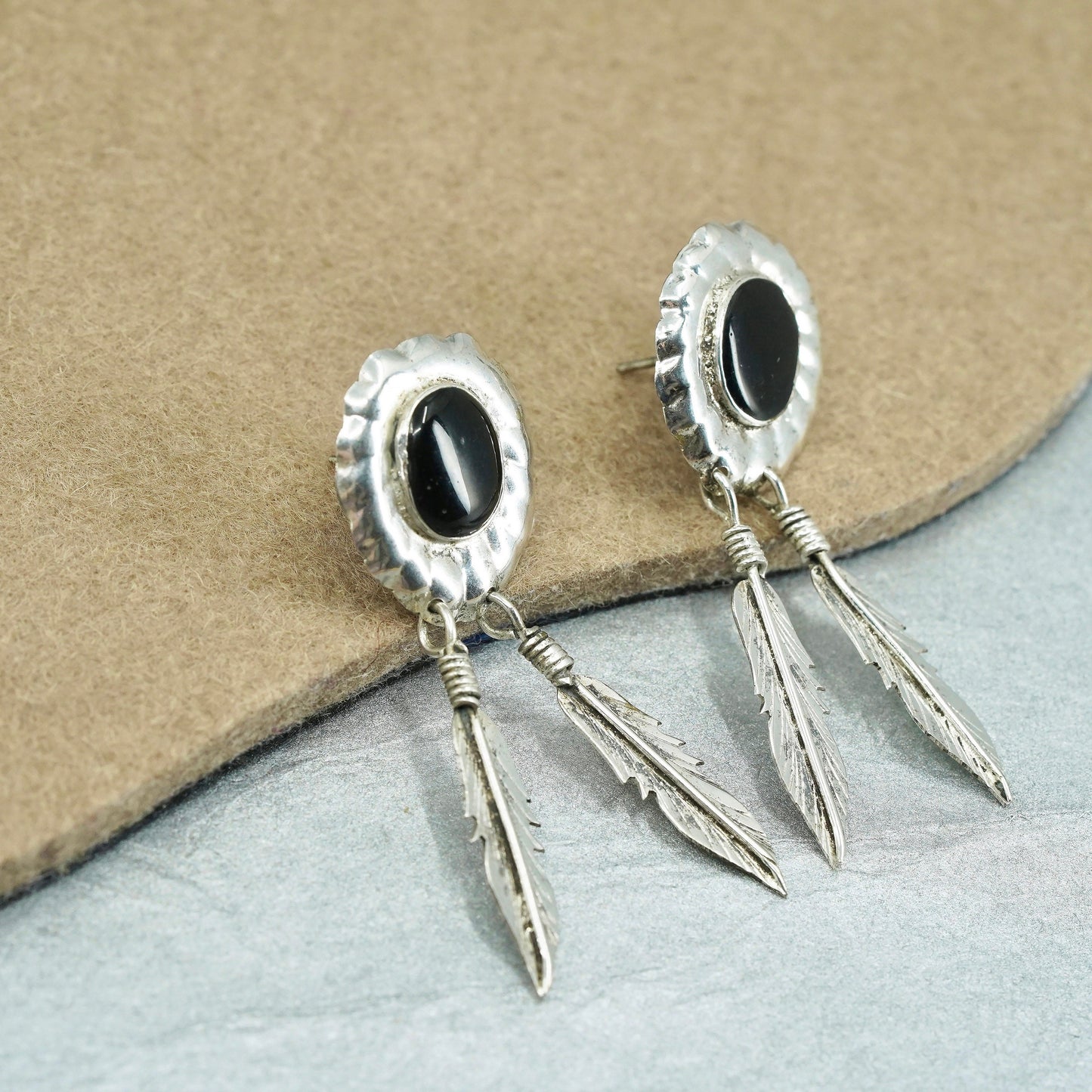 vintage Sterling silver earrings, 925 oval studs with onyx feather dangles