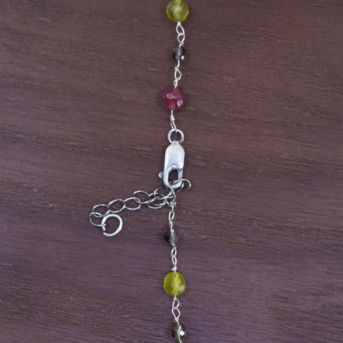 18”, sterling silver necklace, 925 chain with peridot ruby smoky quartz pendant