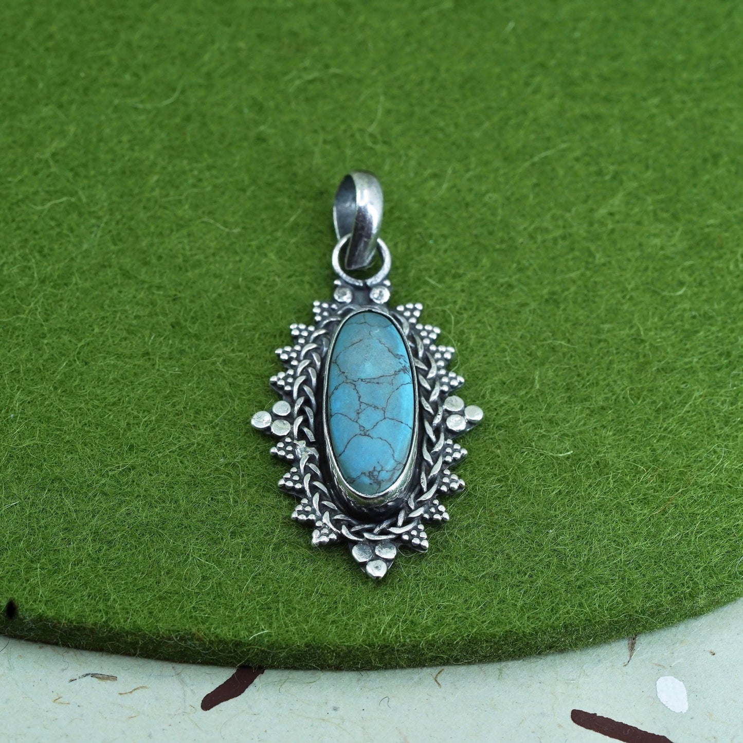 Native American Sterling silver handmade pendant, 925 marquise with turquoise