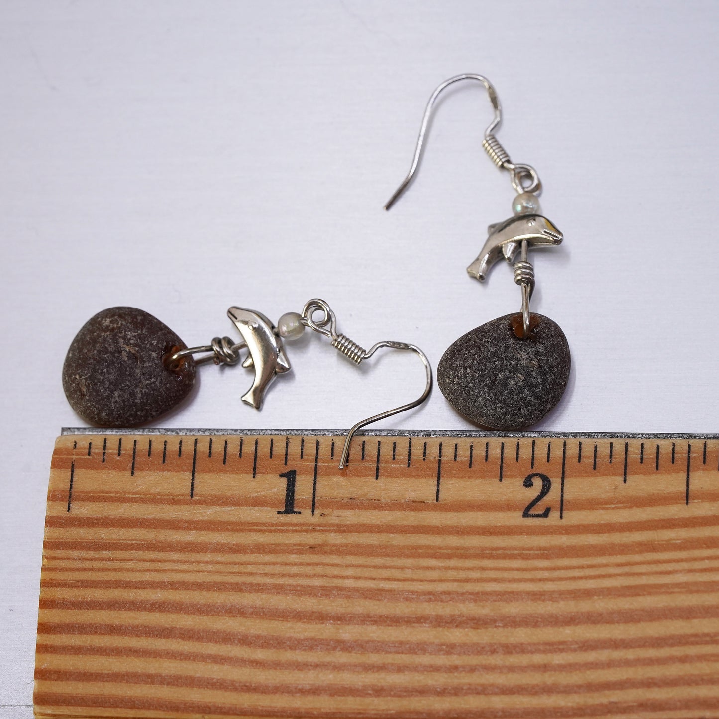 VTG sterling 925 silver handmade earrings with black stone dangle and dolphin