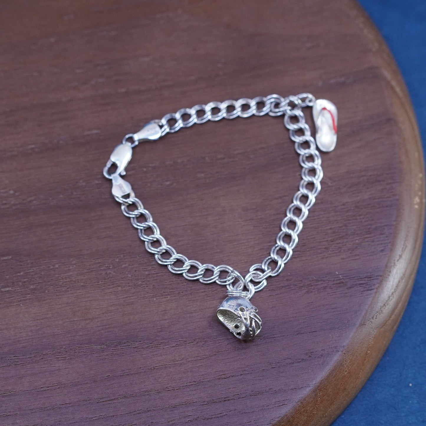 7.5”, Vtg Sterling silver 925 bracelet, curb chain football, flip-flop charms