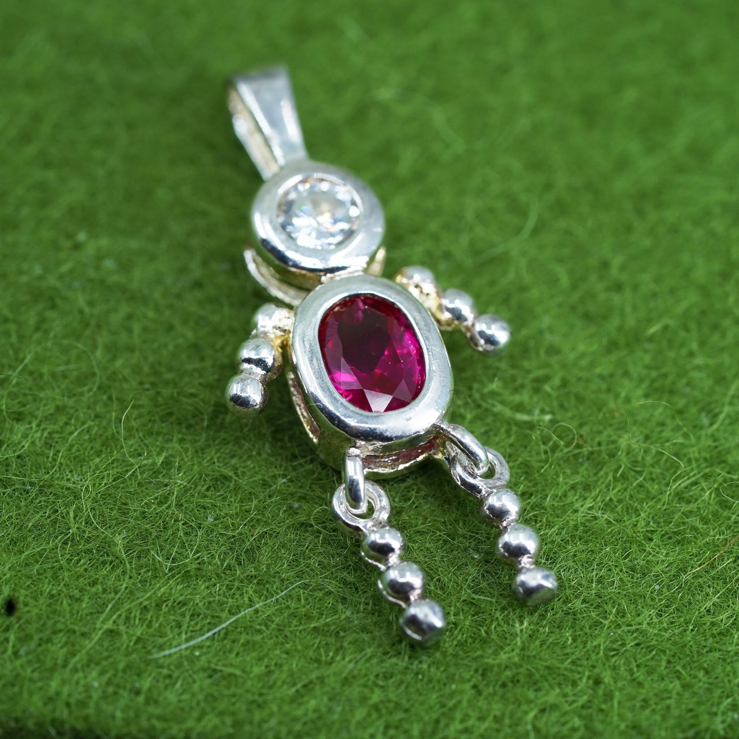 Vintage sterling 925 silver birthstone pendant boy figure charm with ruby