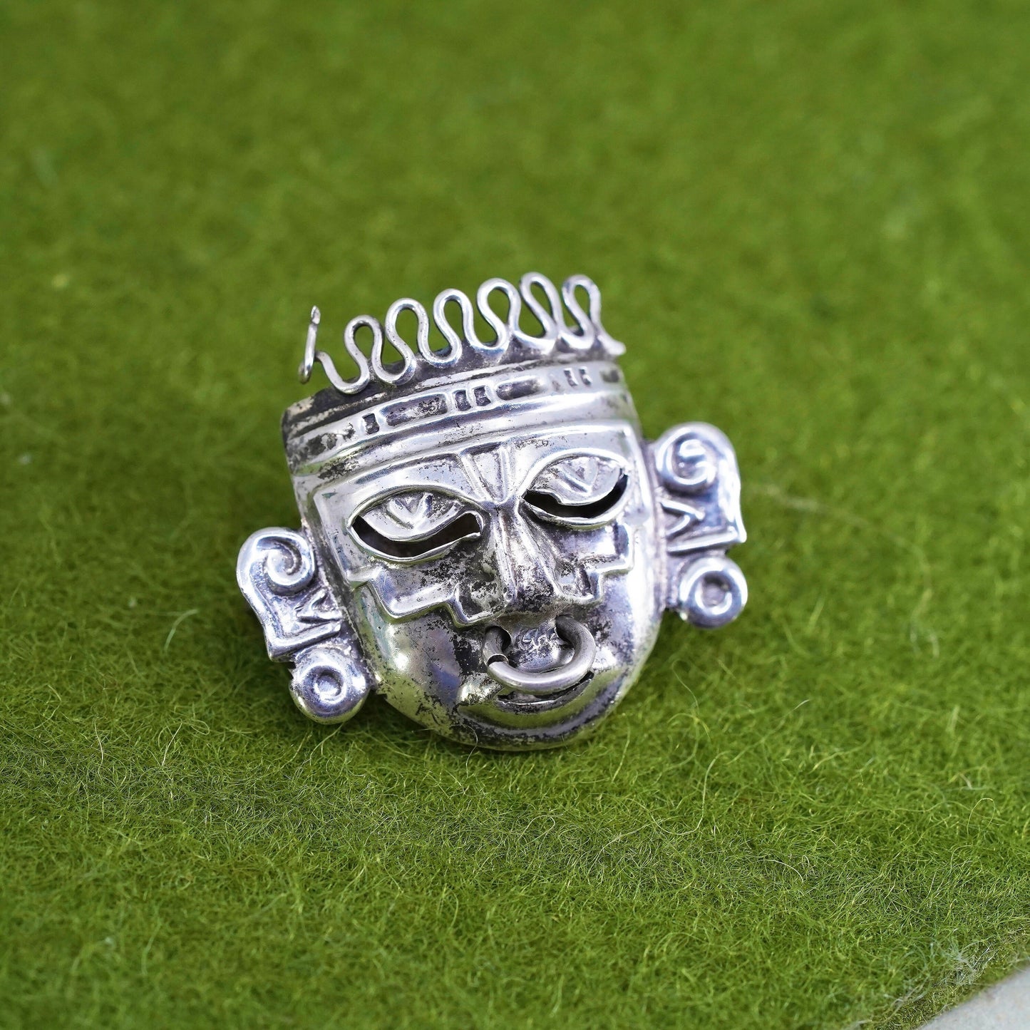 Mexican Mayan Sterling silver handmade pin, 925 Ancient warrior face pendant