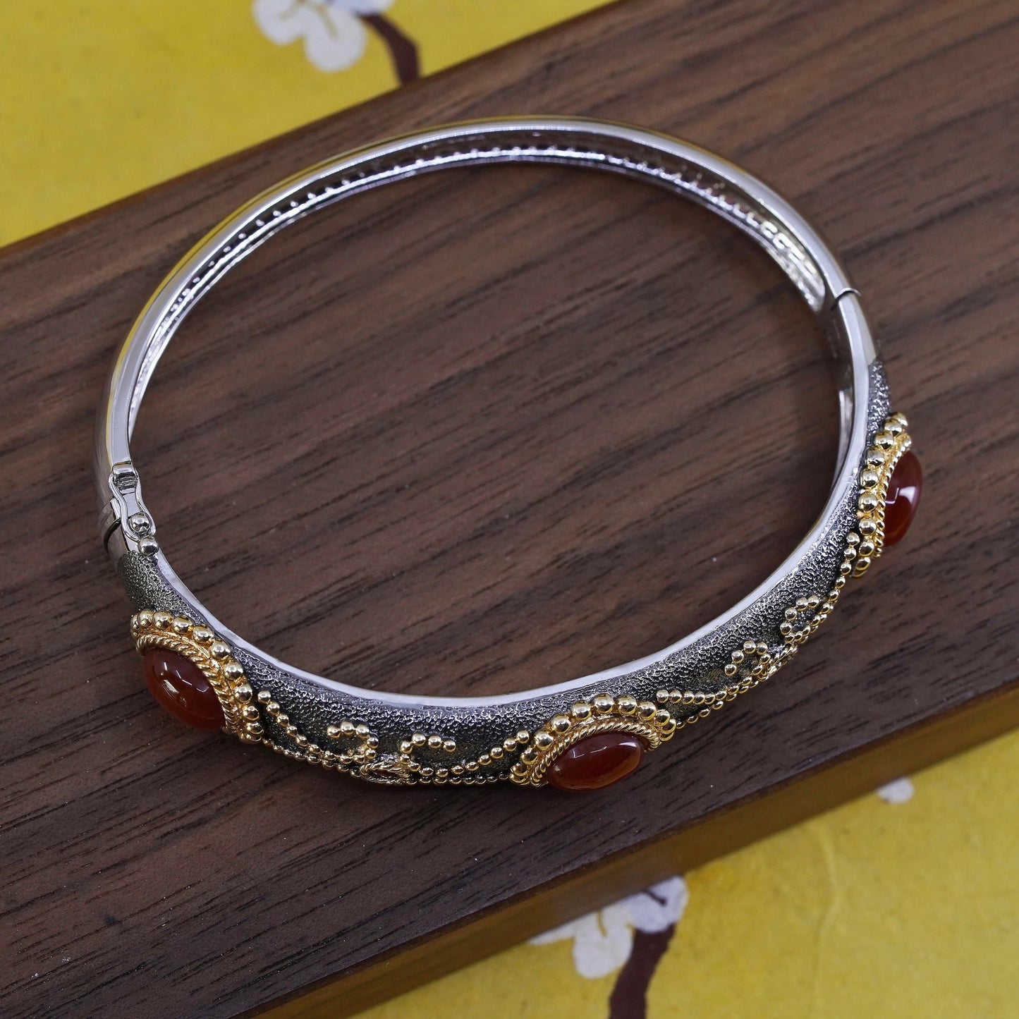 6.75”, Vintage two tone Sterling silver bracelet, 925 bangle marcasite beads