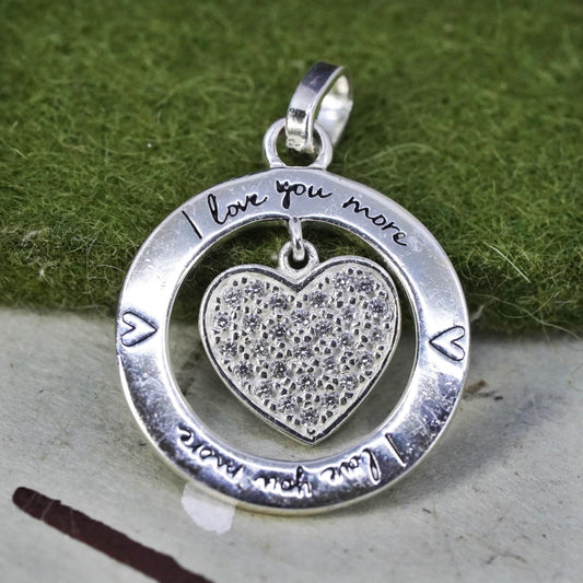 Vintage Sterling 925 silver pendant with Cz heart embossed “I love you mom”