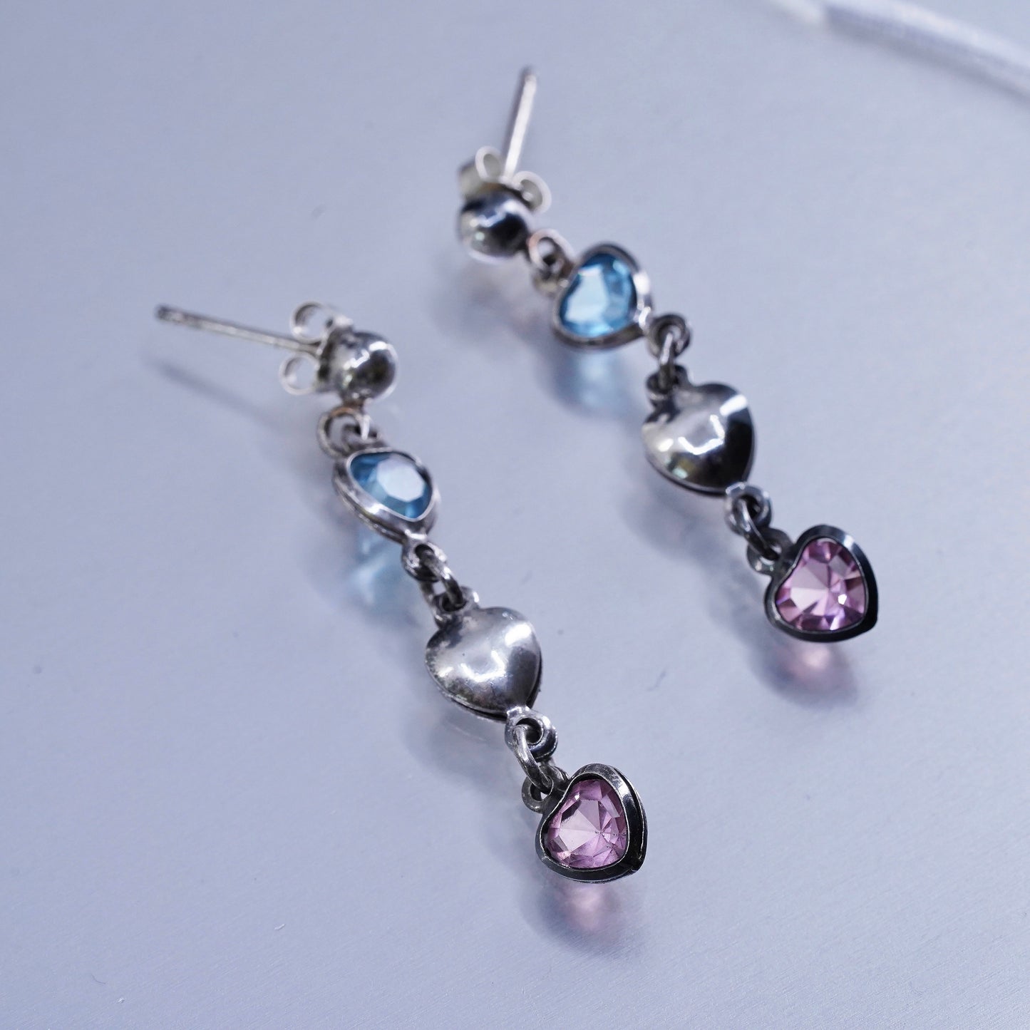 Vintage Sterling 925 silver earrings with amethyst heart dangles