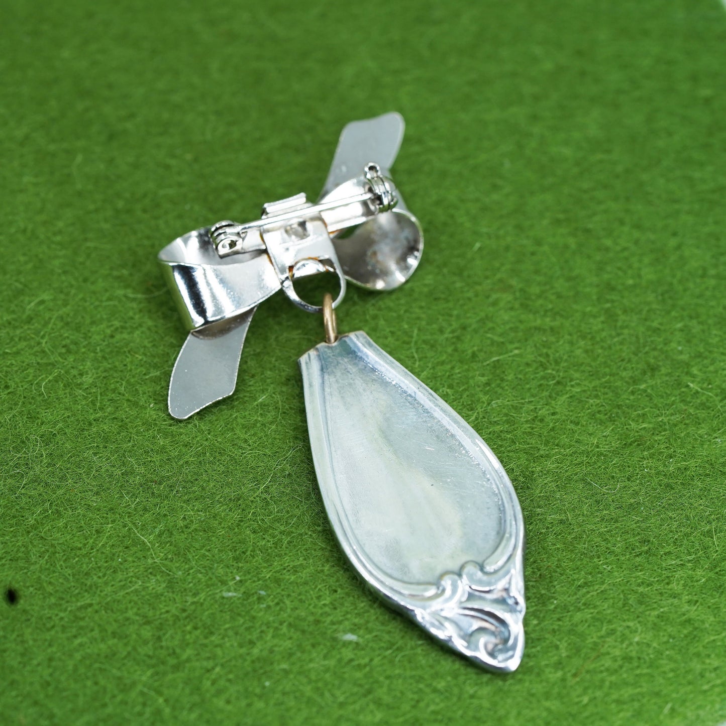 Vintage antique silver tone brooch, spoon pin with ribbon