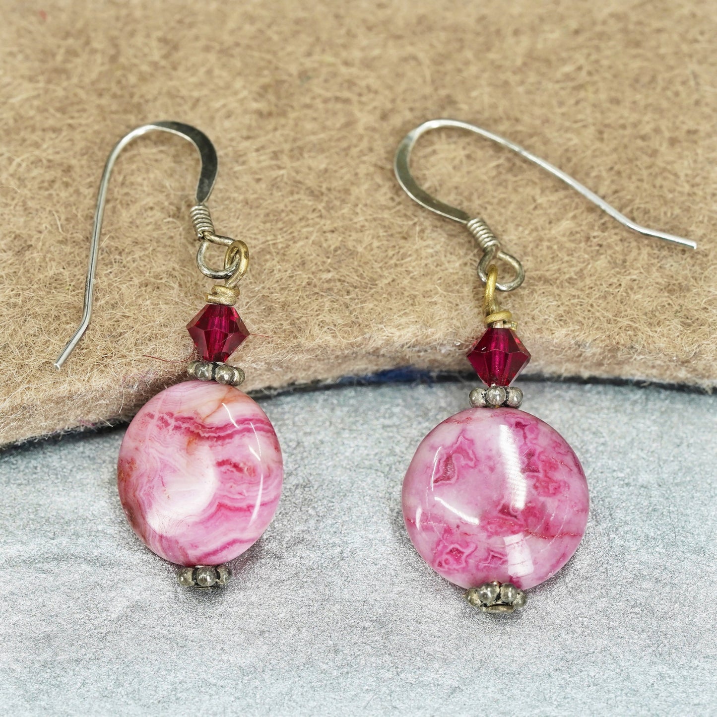 Vintage Sterling 925 silver earrings with pink agate beads