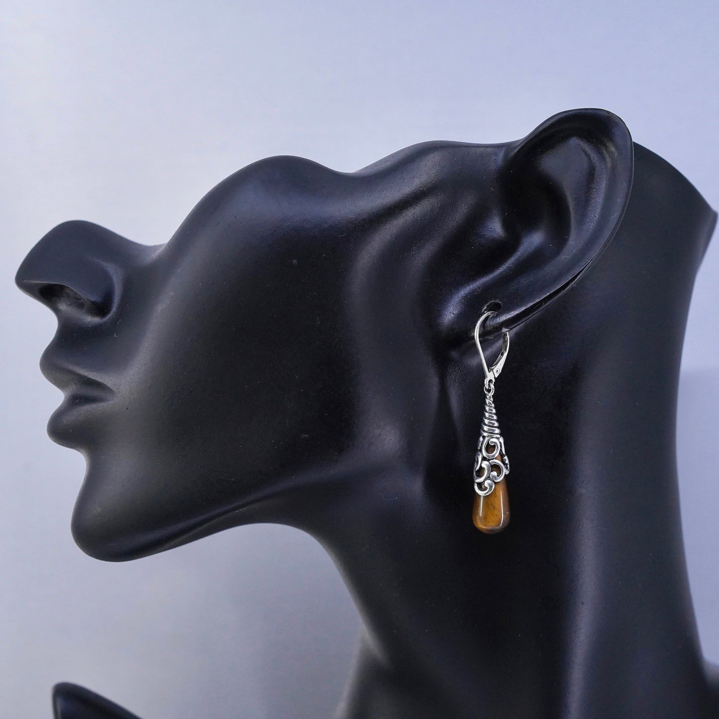 Vintage Sterling 925 silver handmade earrings with teardrop golden tiger eye