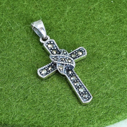 vintage sterling silver handmade pendant, 925 cross with marcasite