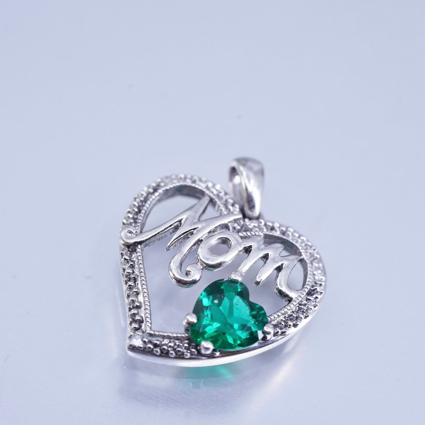 vintage Sterling silver charm, 925 heart “Mom” pendant with emerald diamonds