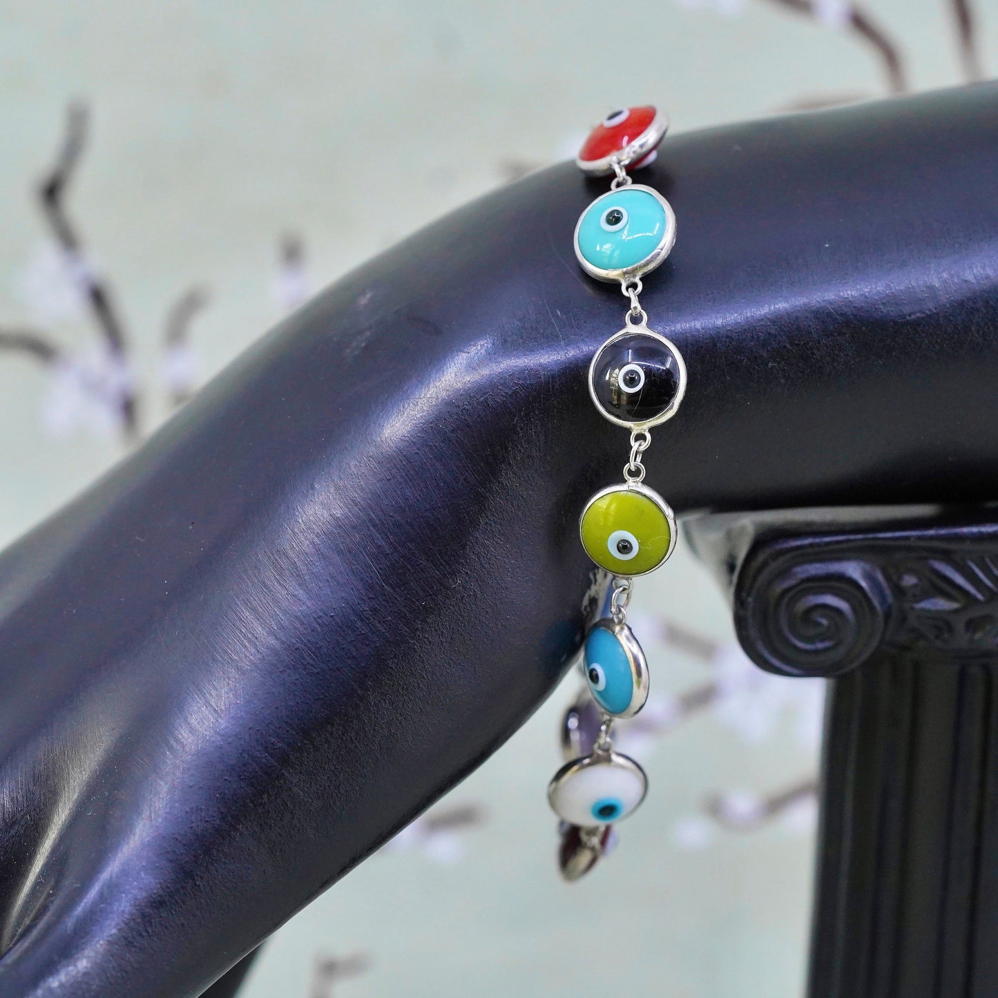 6.75”, vintage handmade sterling silver bracelet, colorful glass evil eye beads