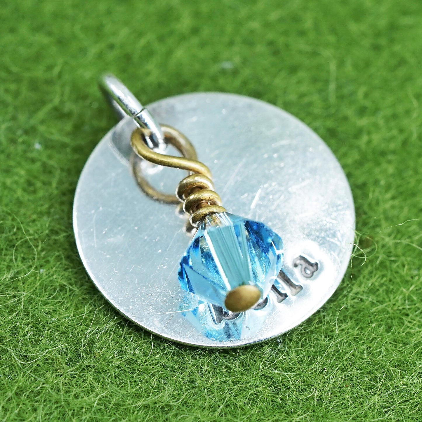 sterling silver handmade pendant, 925 tag charm with “Bella” and blue crystal