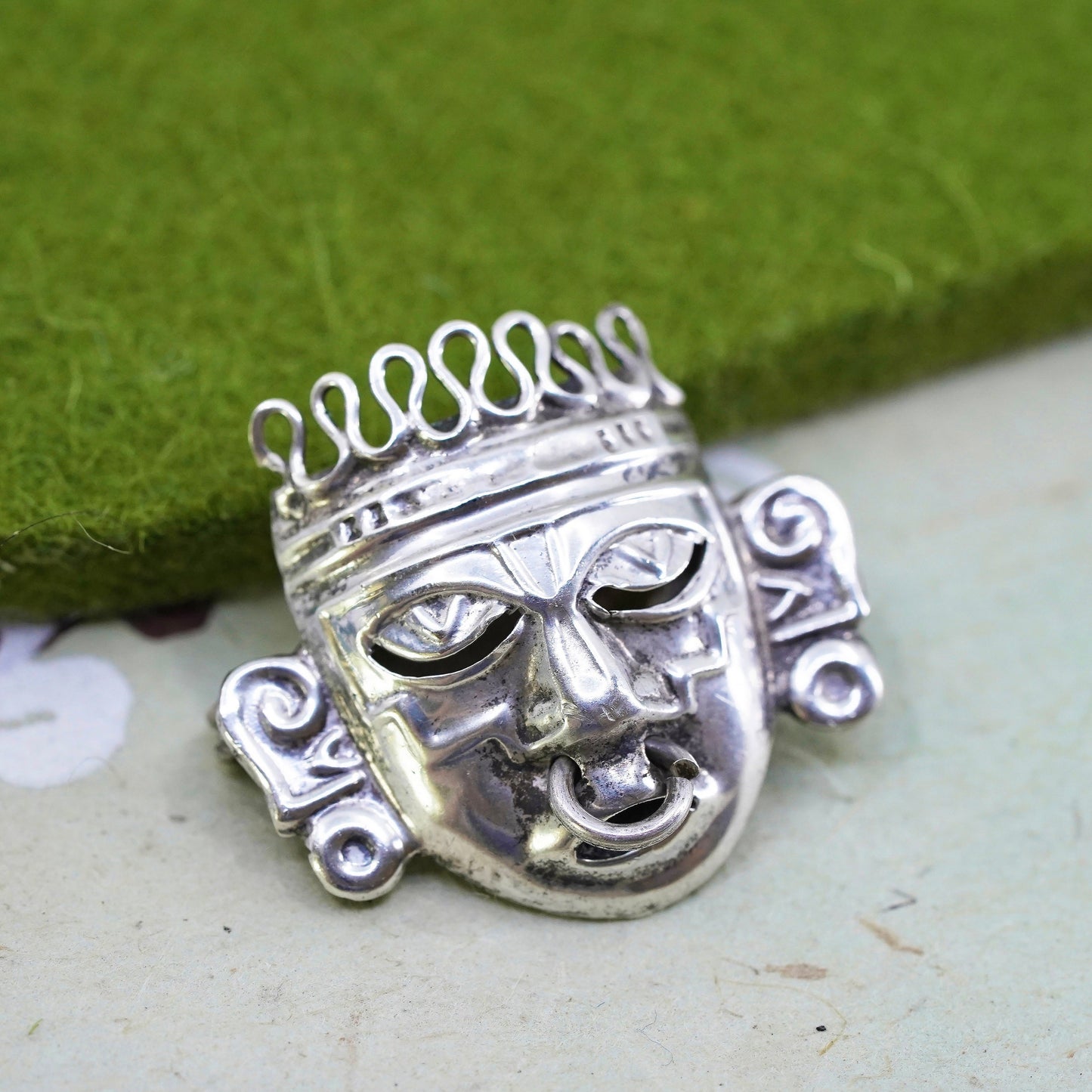 Mexican Mayan Sterling silver handmade pin, 925 Ancient warrior face pendant