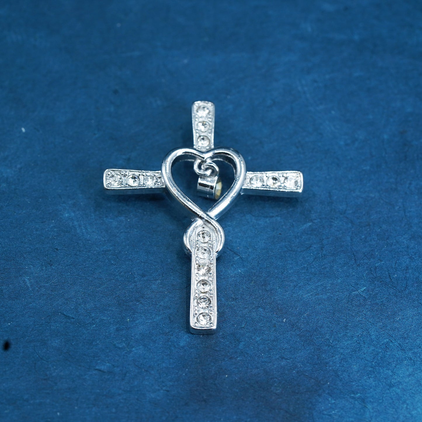 Vintage Sterling silver handmade pendant, 925 heart cross with cz