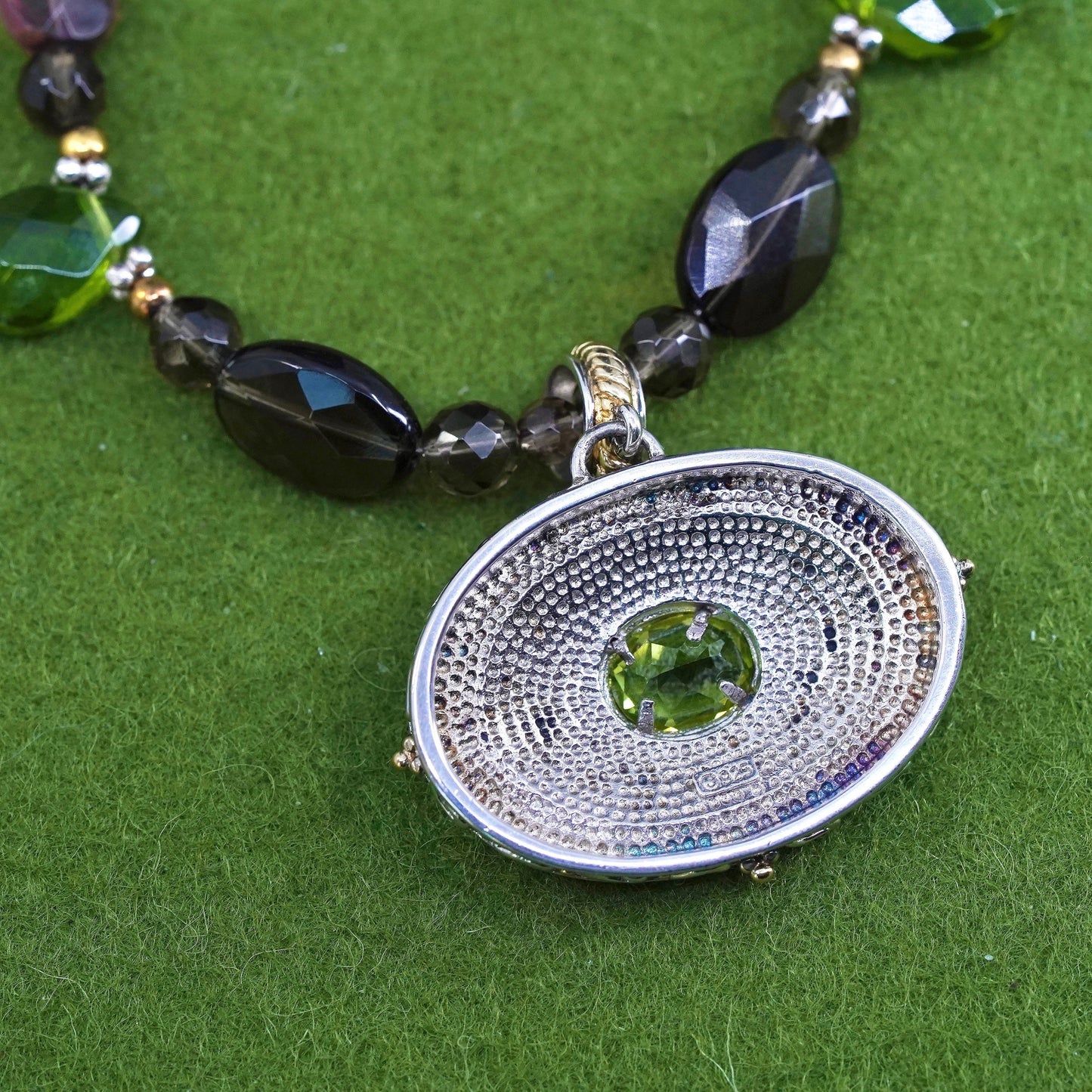 18”, two tone smoky quartz and peridot bead necklace with oval peridot pendant