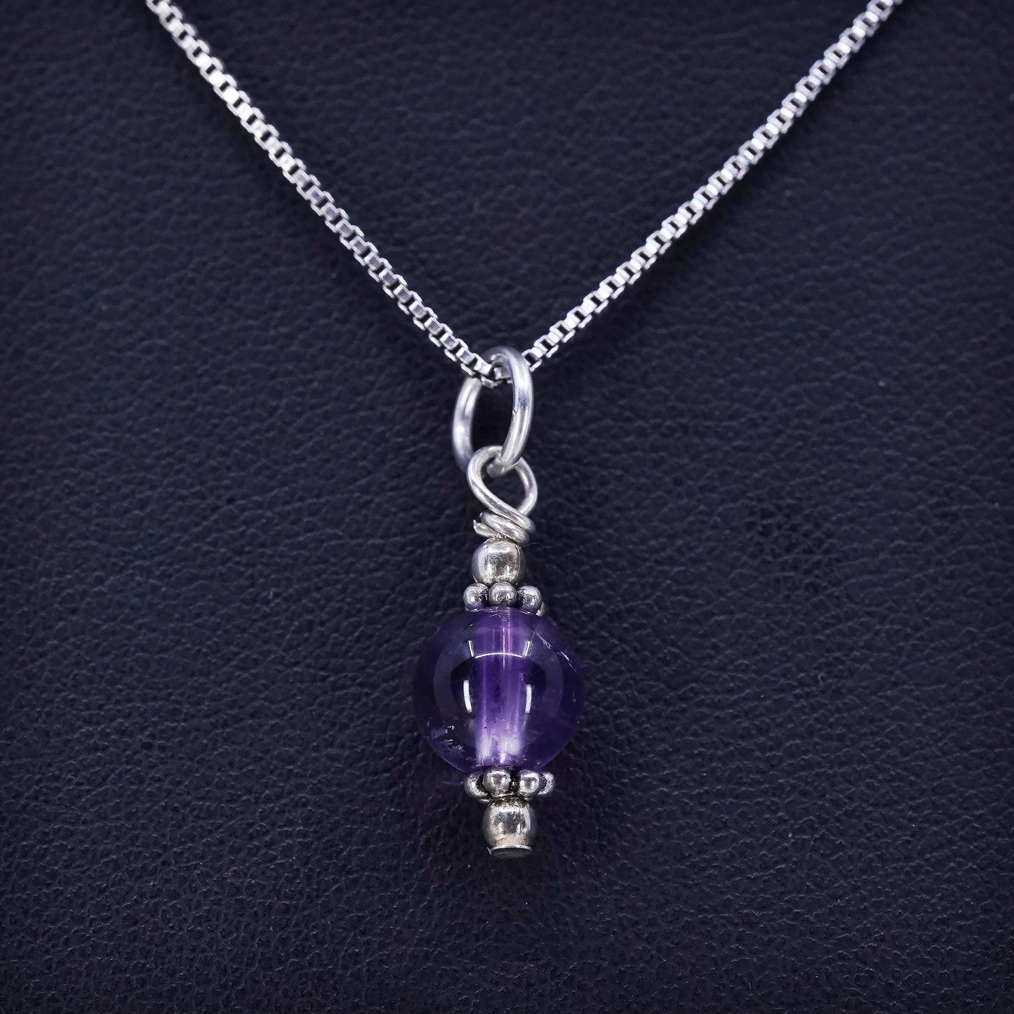 16”, vintage Sterling 925 silver handmade box chain necklace amethyst pendant