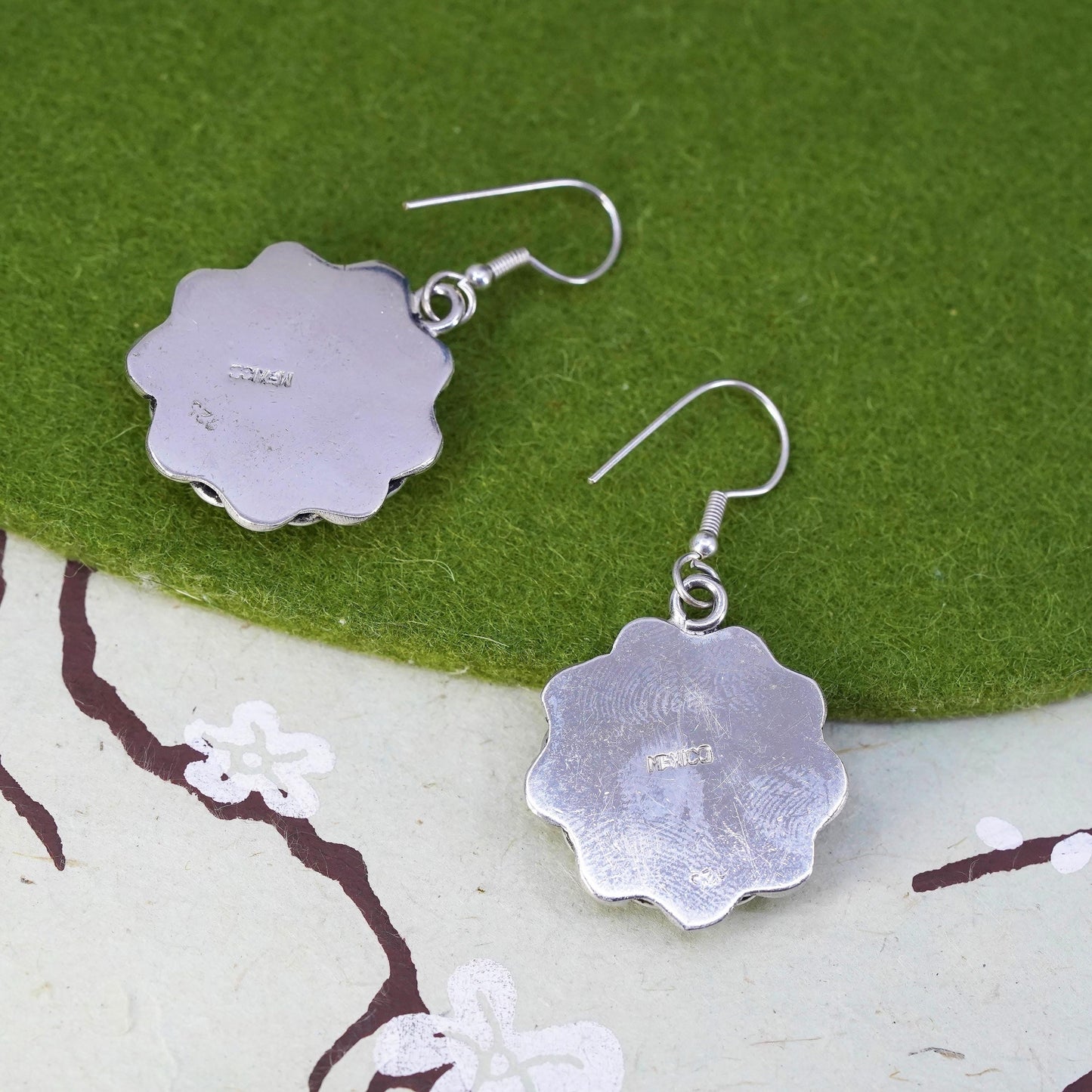 Vintage mexico Sterling silver earrings, 925 floral dangle with calsilica