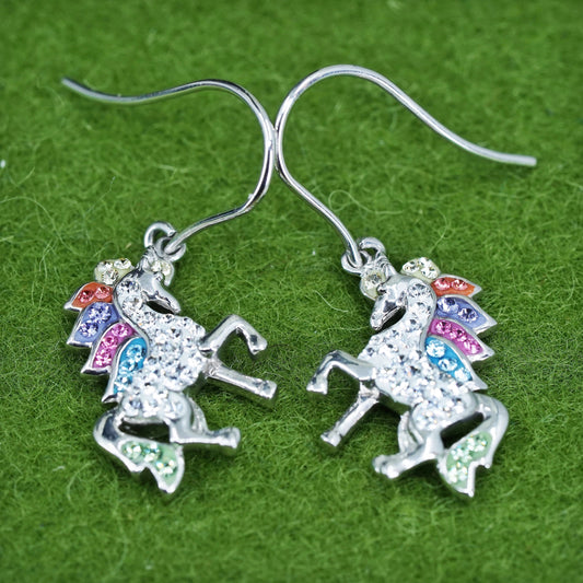 Vintage RL sterling 925 silver unicorn earrings with colorful clear Cz