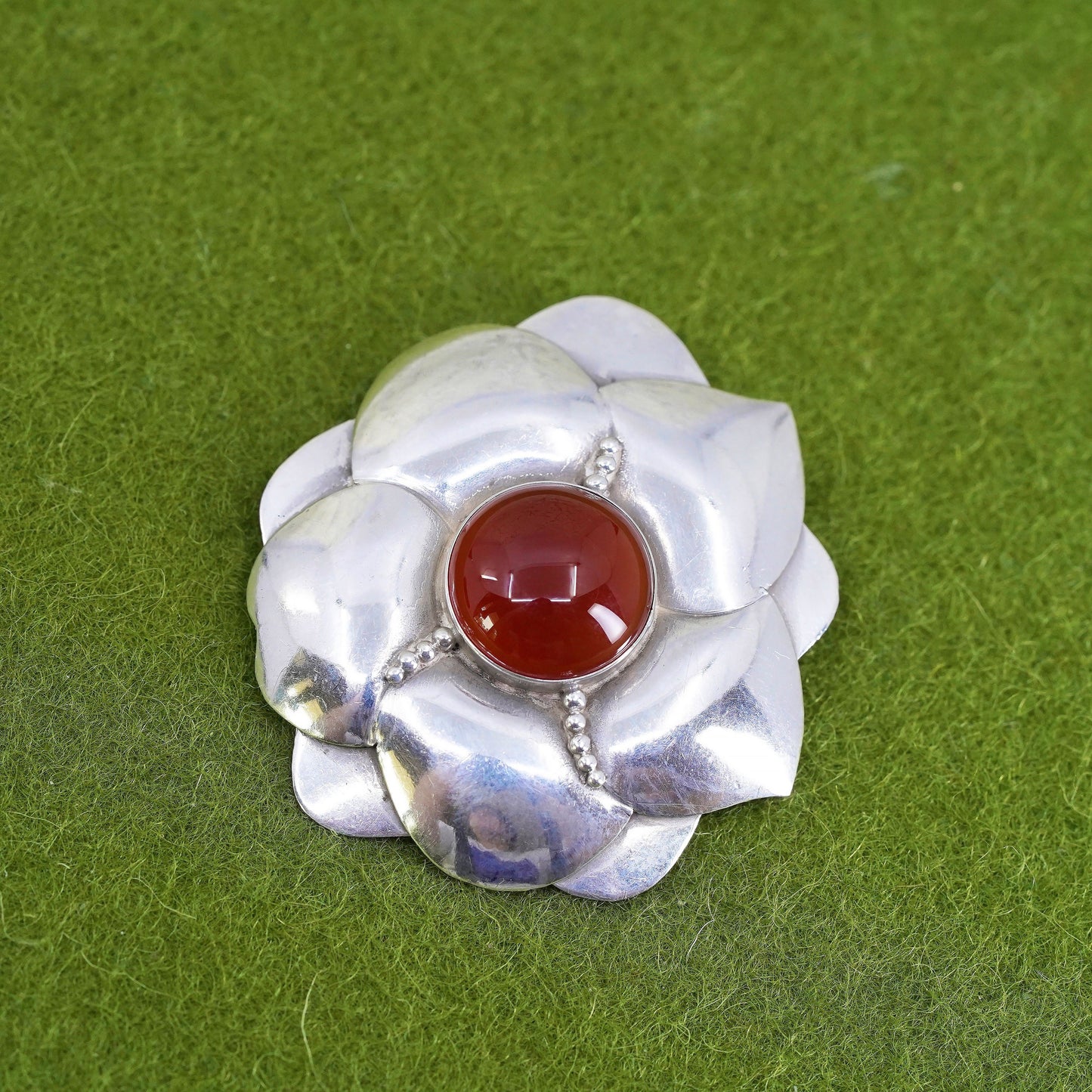 Vintage sterling silver handmade brooch, 925 flower with carnelian