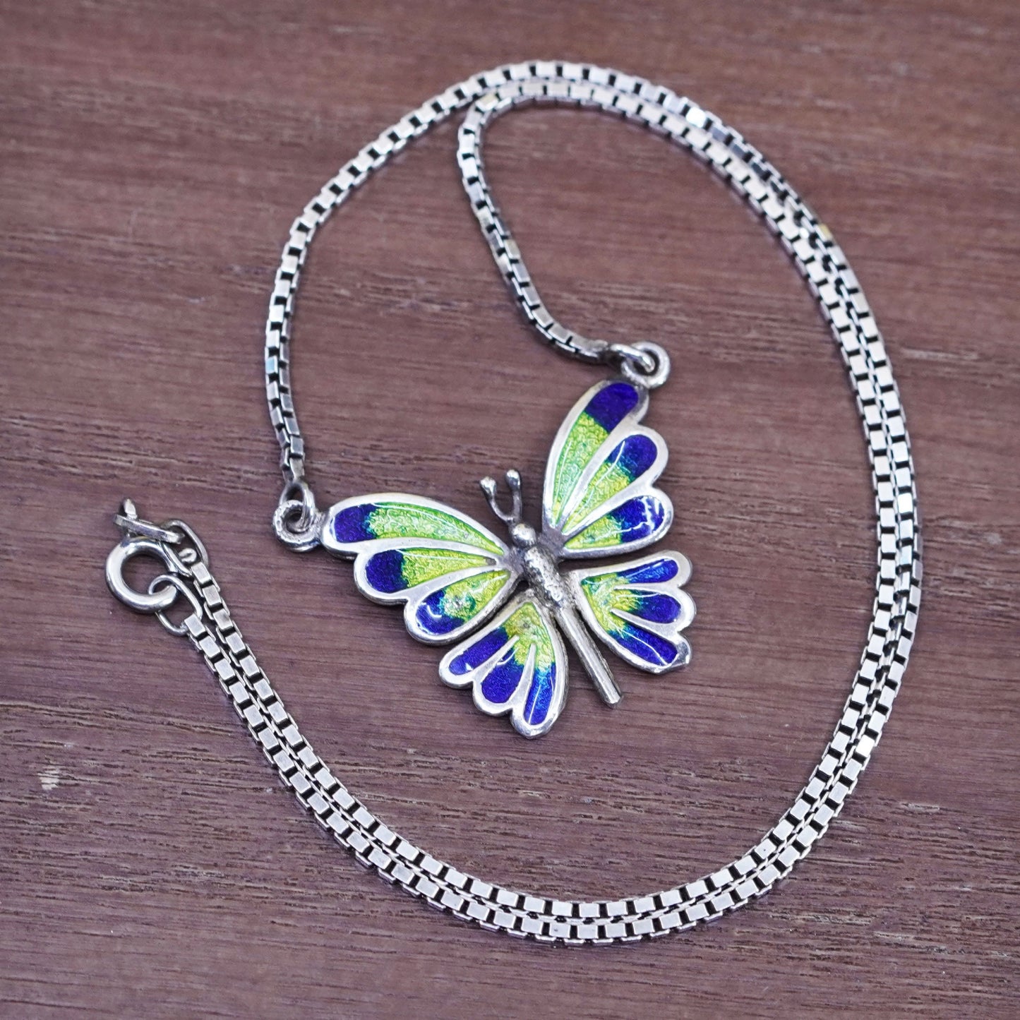 16”, sterling silver handmade necklace, 925 box chain with enamel butterfly