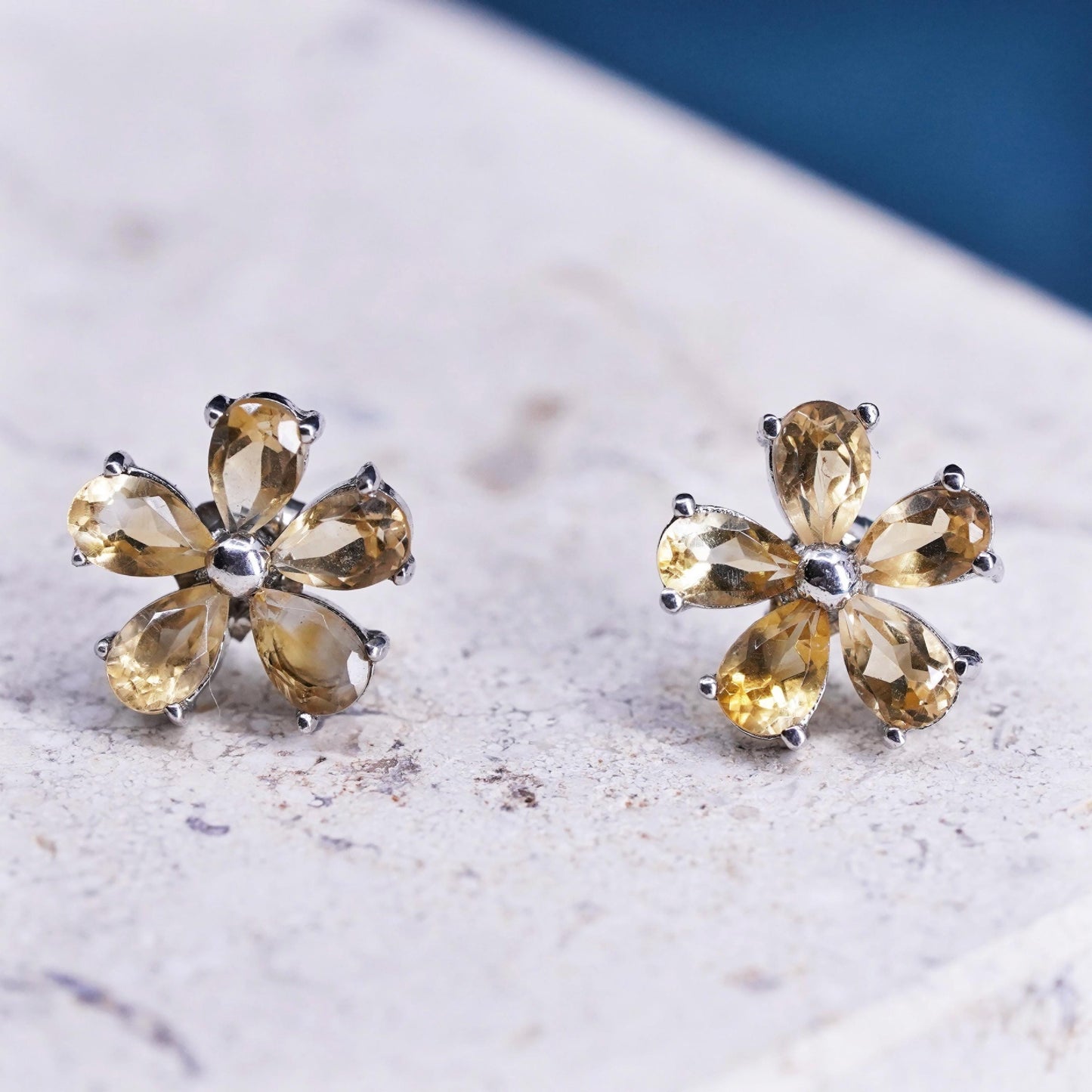 Vintage Sterling silver handmade earrings, 925 flower studs with citrine