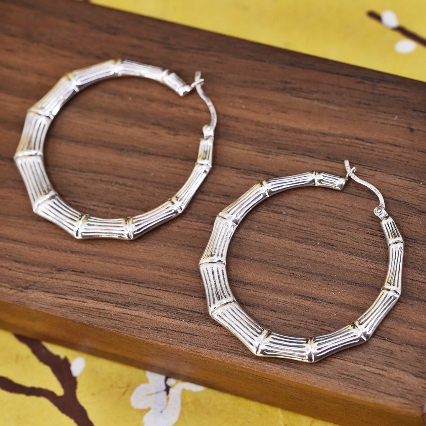 1.75”, Vintage Sterling silver handmade earrings, 925 bamboo textured hoops