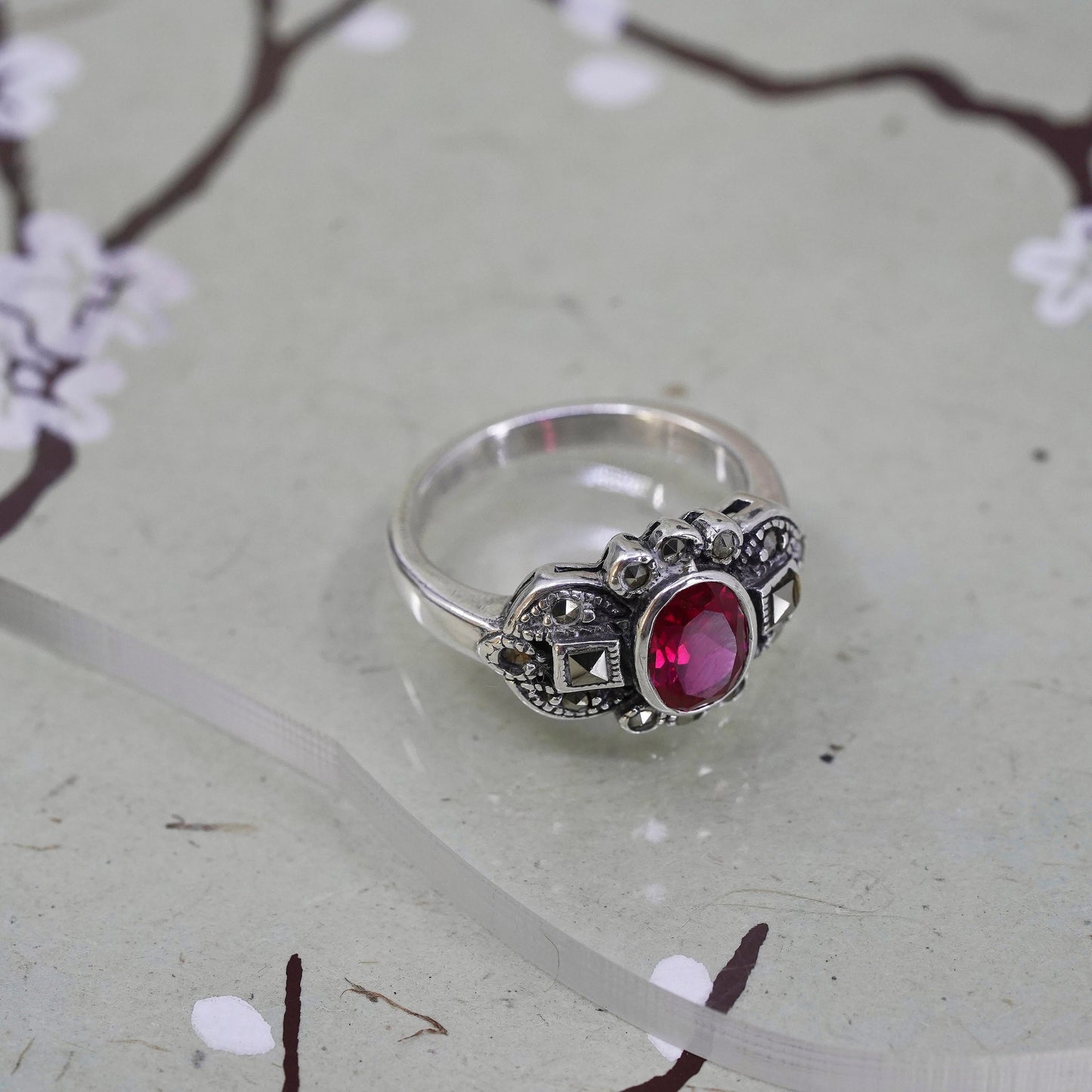 Size 7.5, Vintage Sterling 925 silver handmade ruby ring with marcasite