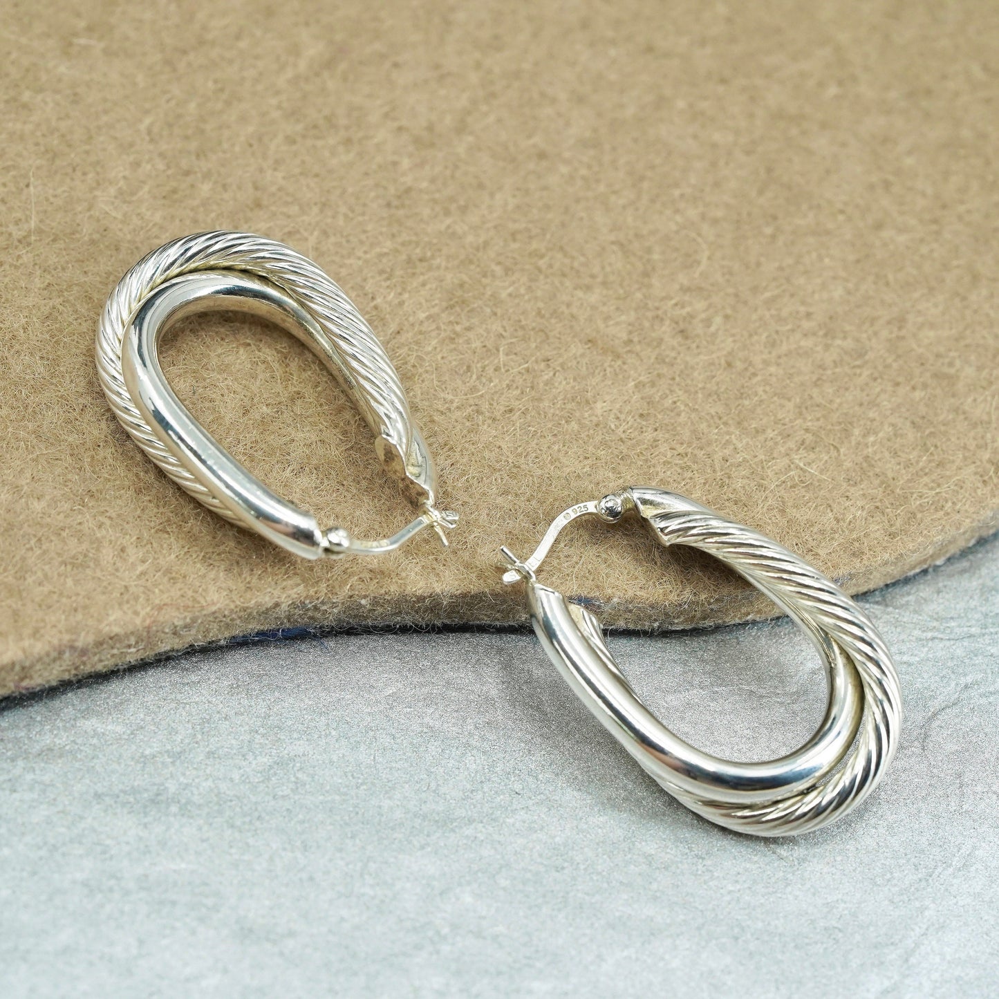 1.25”, vintage Sterling silver handmade earrings, 925 twisted oval hoops