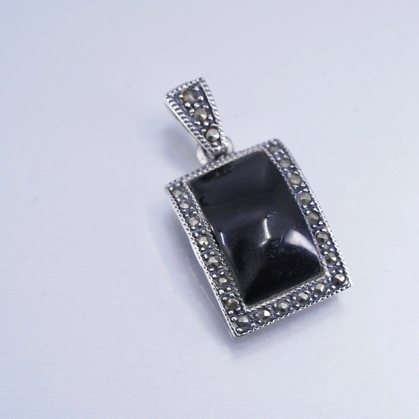 VTG Sterling silver handmade charm, 925 pendant with marcasite and onyx inlay