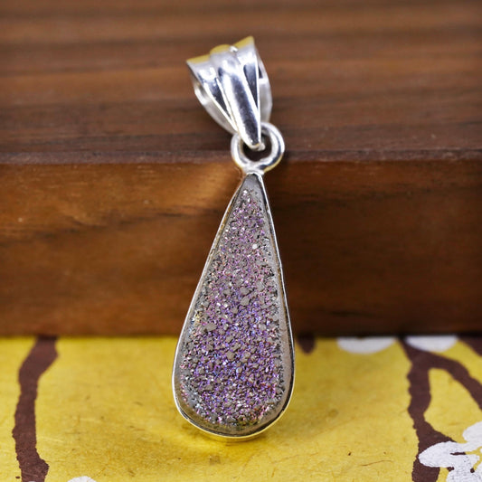 VTG Sterling silver handmade pendant, Mexico 925 teardrop purple druzy stone