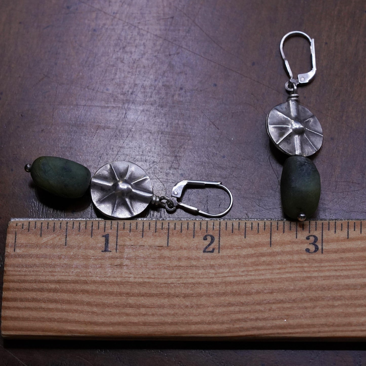 Vintage Sterling silver handmade earrings, 925 sun dangles green jade nuggets