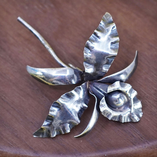 Vintage handmade sterling 925 silver orchid flower brooch