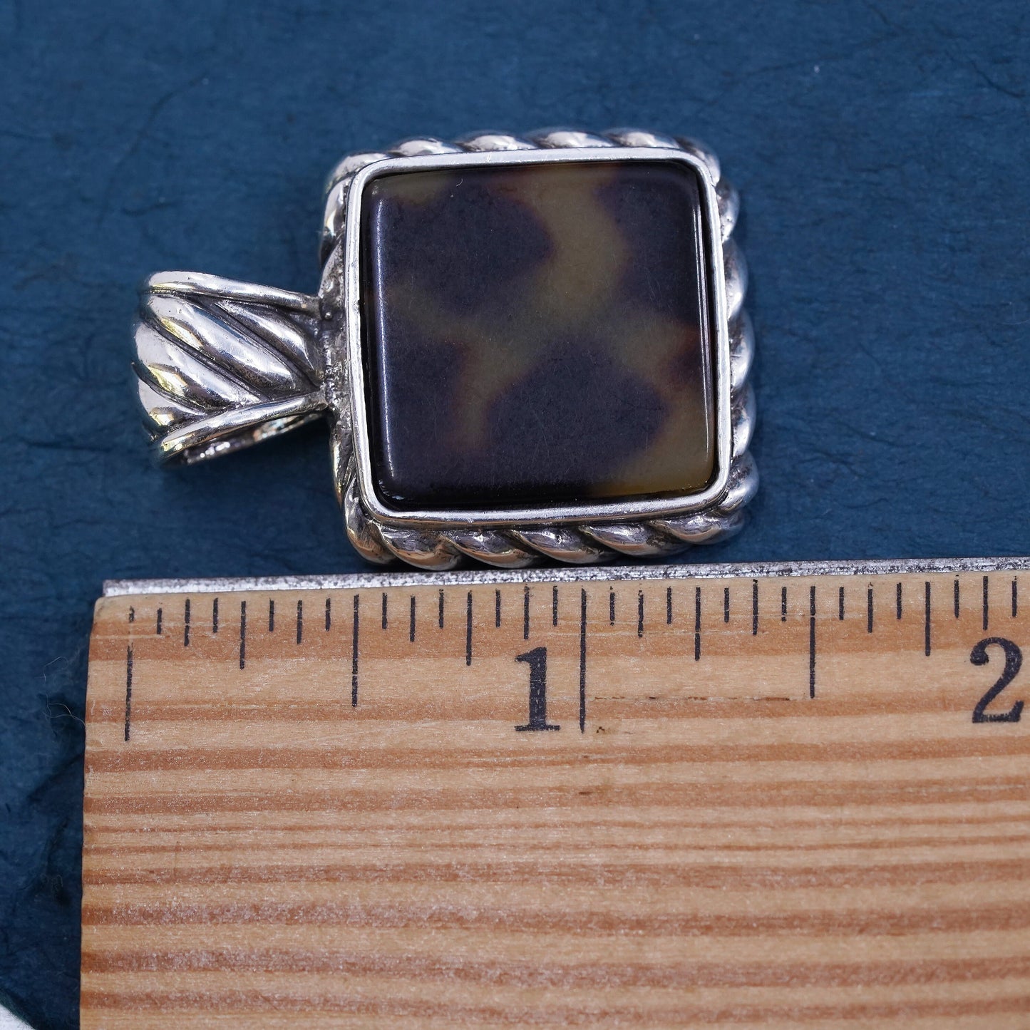 Vintage sterling 925 silver handmade square pendant with amber