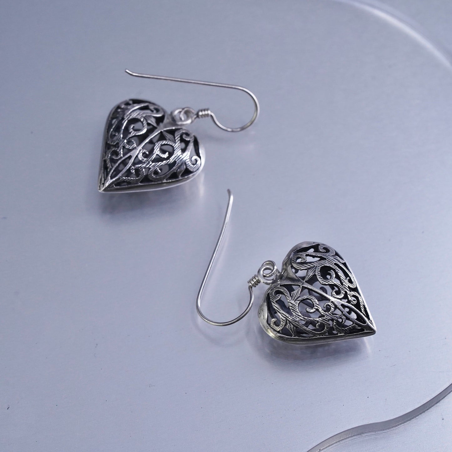 Vintage Sterling 925 silver handmade filigree puffy heart earrings