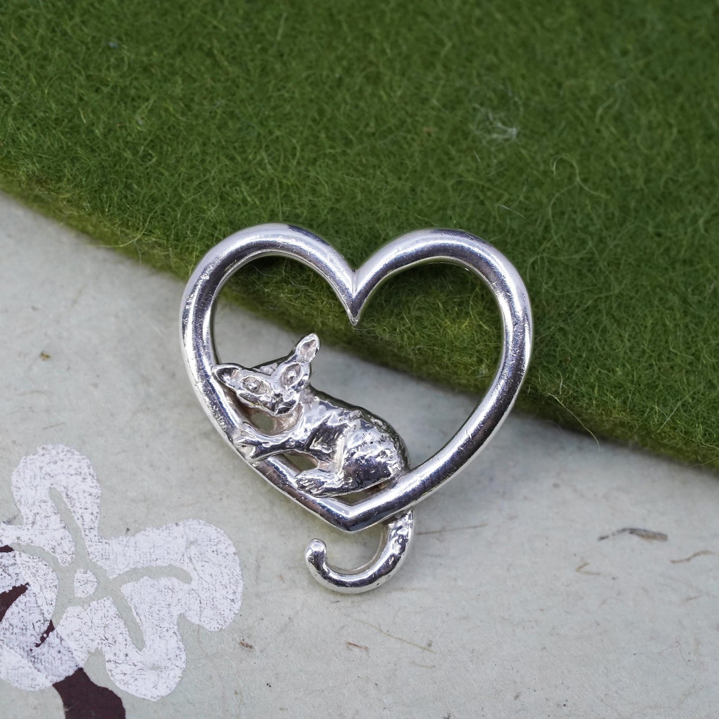 Vintage sterling silver handmade pendant, 925 cat kitty heart