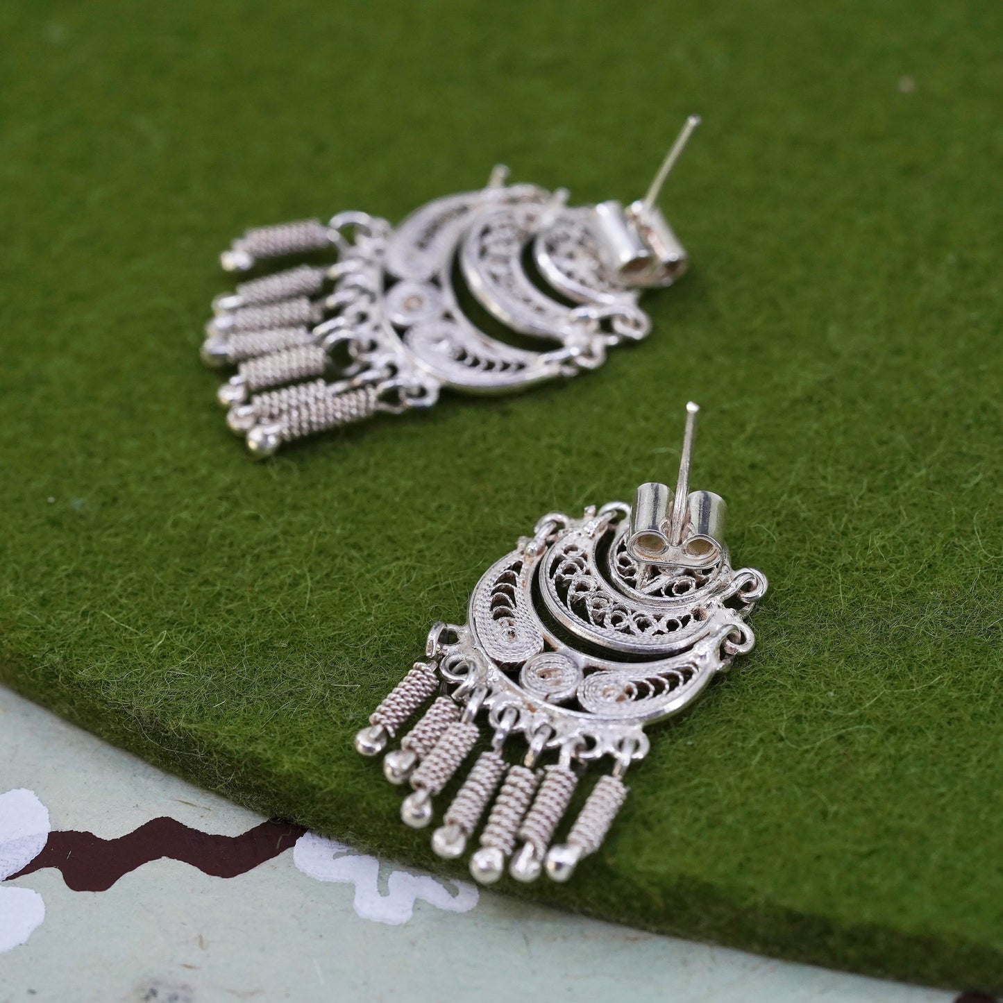 Vintage southwestern sterling 925 silver filigree earrings with fringe dangles