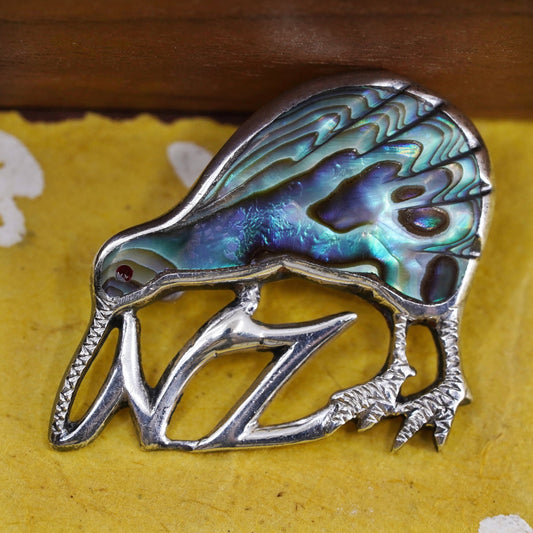 antique southwestern sterling 925 silver kiwi bird brooch with abalone inlay