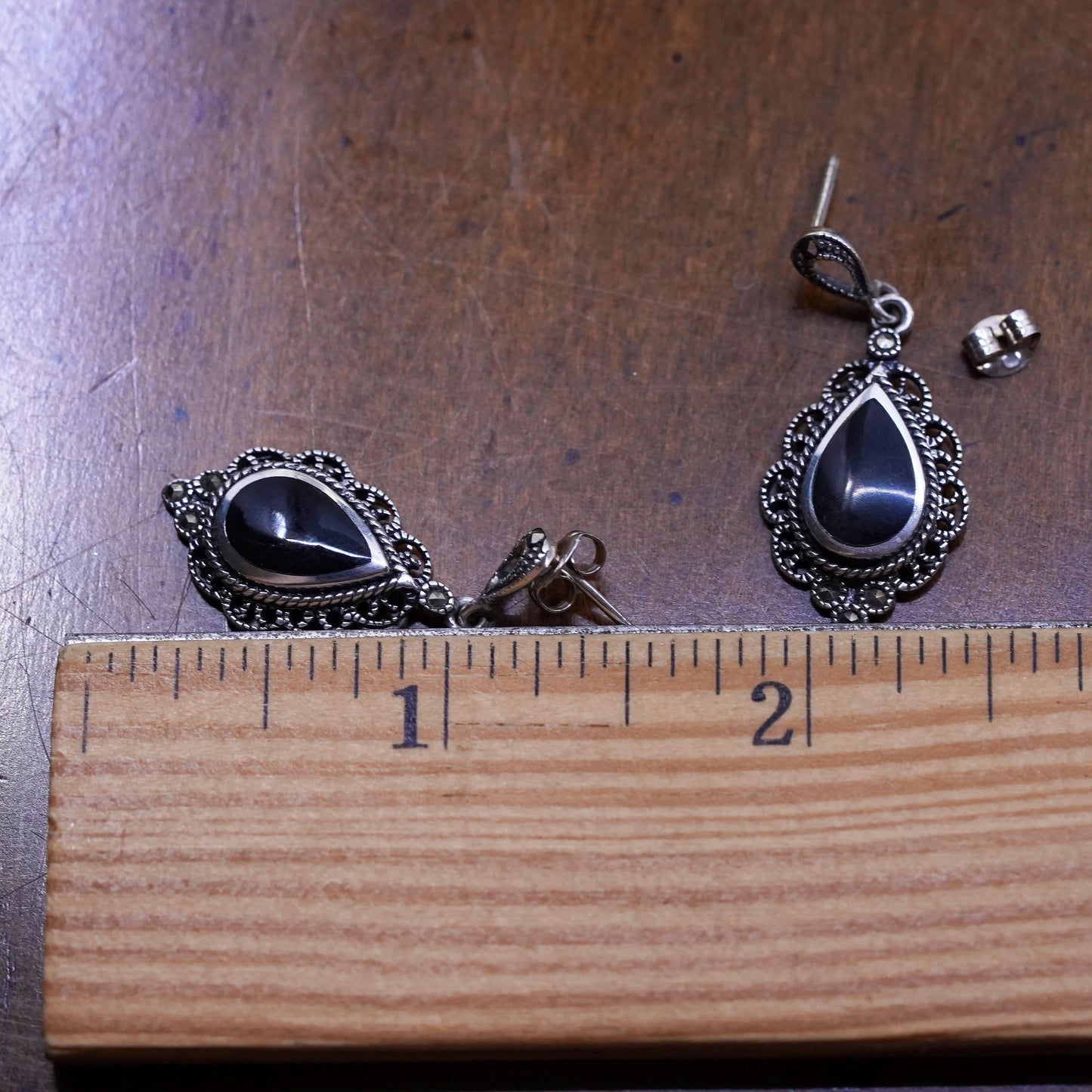 sterling 925 silver earrings, teardrop black onyx and marcasite, southwestern