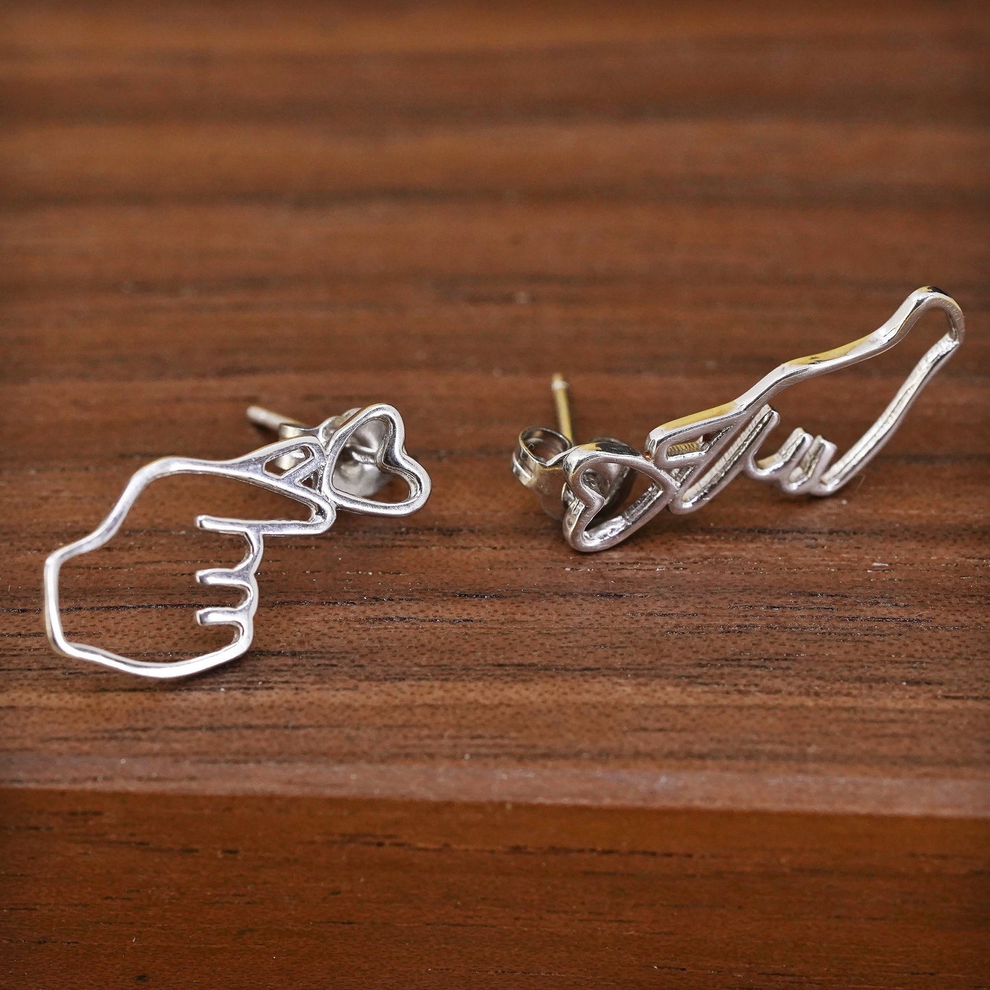 Vintage Sterling silver handmade earrings, 925 heart hand gesture studs