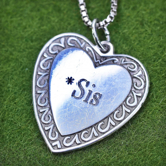 20”, sterling silver box chain necklace heart pendant engraved “sis love dick”