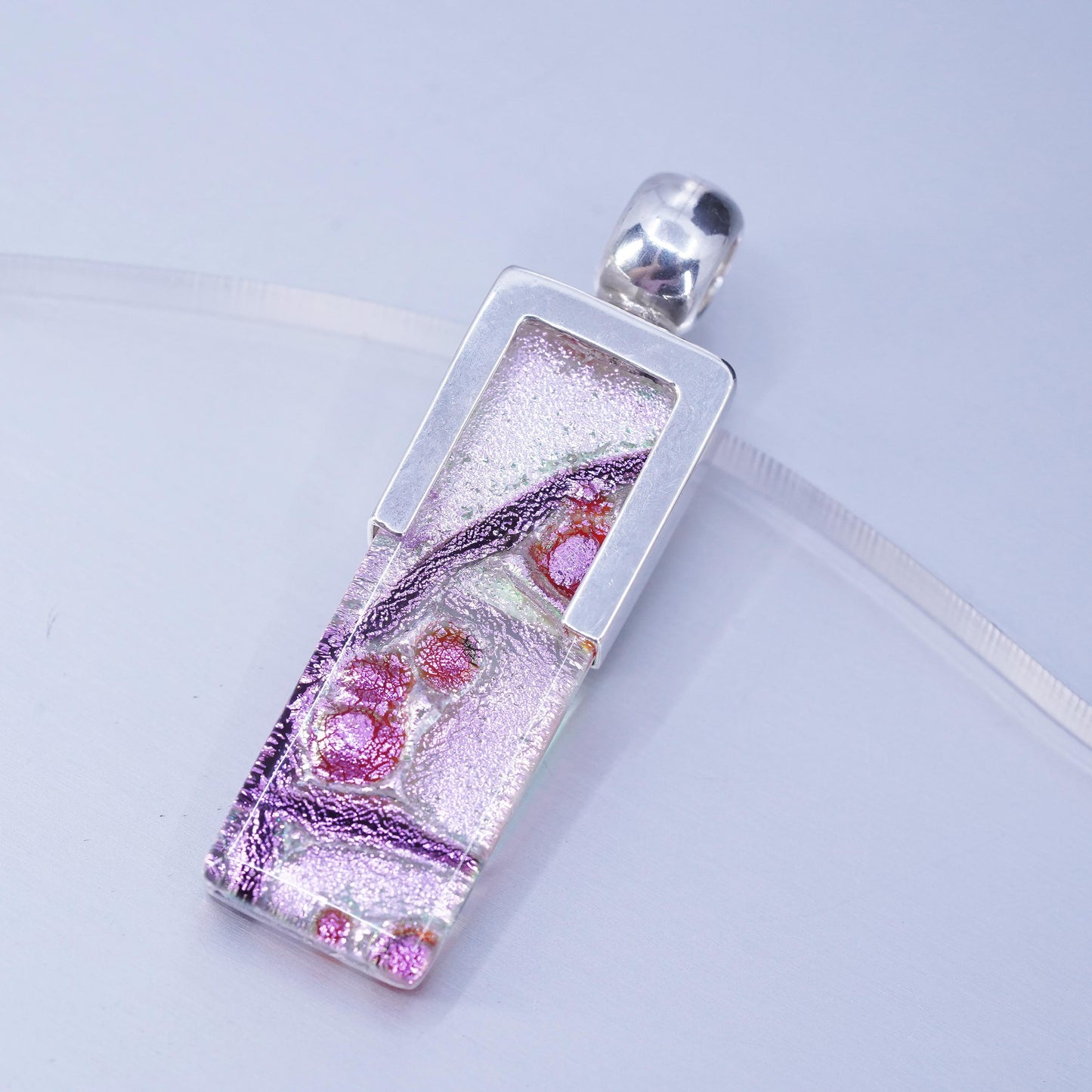 vintage sterling 925 Signed RG pink floral Dichroic glass Pendant