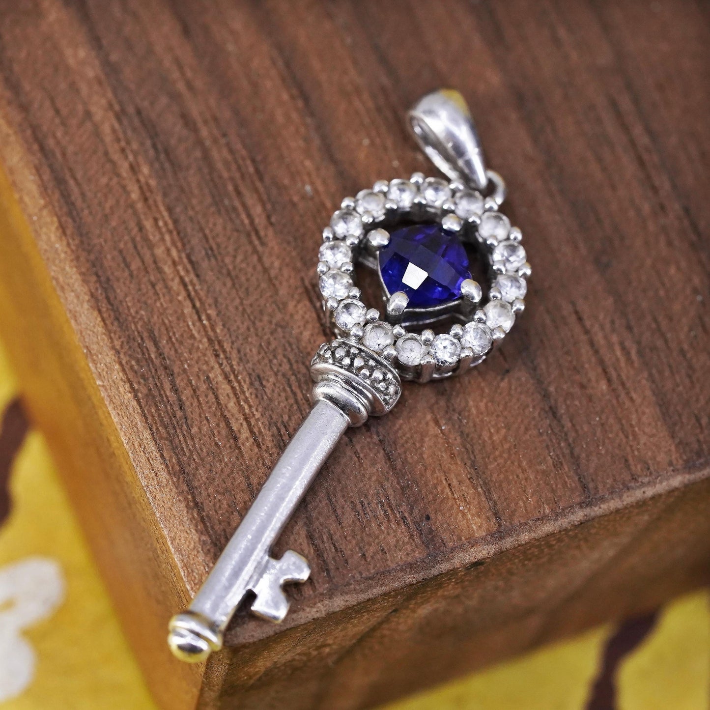 Vintage Sterling silver handmade pendant, 925 key with sapphire and Cz around