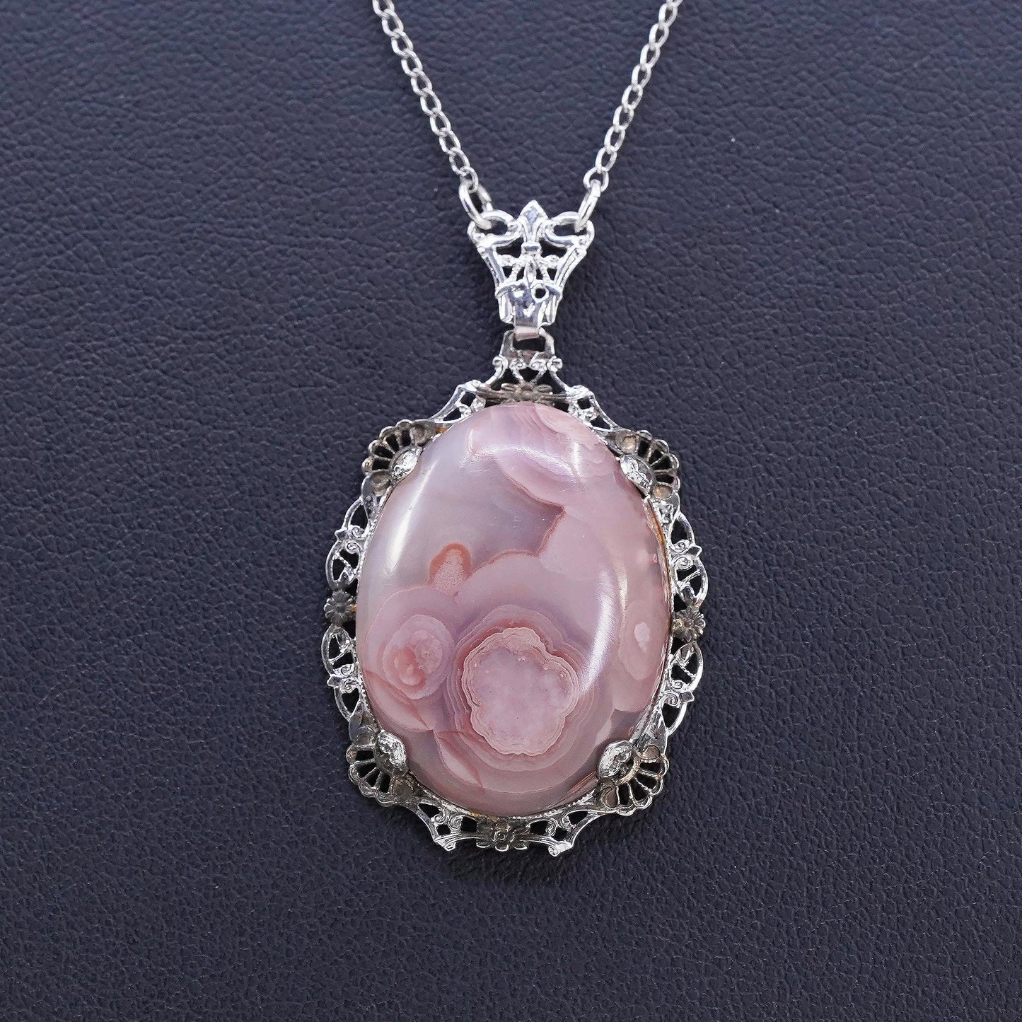 18", sterling silver handmade necklace, 925 curb chain with pink agate pendant